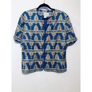 Vintage 90s Papell Boutique Womens Size 14 Button Up Short Sleeve Silk Blouse